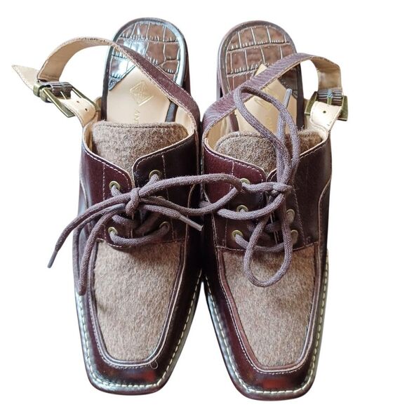Antonio Melani Shoes 9M Brown Leather Felt Block Heel Slingback Lace Up Retro - Picture 2 of 9